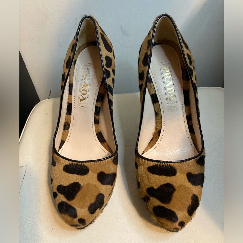 Prada pony hair animal print stiletto platform heels. Gently loved.